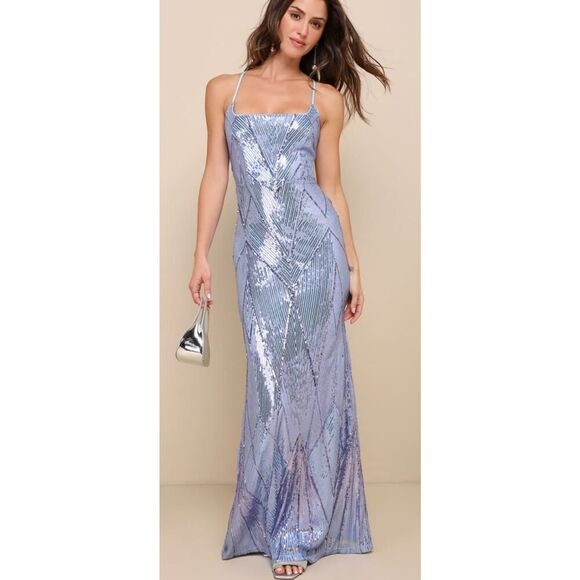 Lulus Flawless Glow Periwinkle Iridescent Sequin Lace-Up Maxi Dress Sz. S - Picture 2 of 9